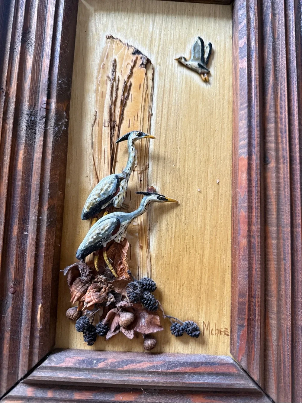 Set of 2 original signed McGee folk art Wooden Framed Bird rustic Wall Art